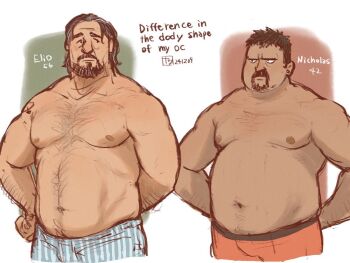 Rule 34 | 2boys, arm behind back, arms behind back, bara, beard, belly, boxers, dark-skinned male, dark skin, elio lopez (o natsuo88), facial hair, hand on own hip, male focus, male underwear, mature male, medium hair, multiple boys, muscular, muscular male, navel, nicholas thompson (o natsuo88), nipples, o natsuo88, orange male underwear, original, pectorals, short hair, sparse chest hair, striped male underwear, underwear, underwear only