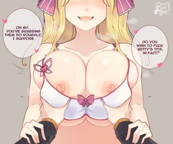 1boy 1girl absurdres aged_up alternate_breast_size artist_logo artist_name beatrice_(re:zero) bikini bikini_top_only blonde_hair breast_press breasts breasts_squeezed_together breath collarbone come_hither commission english_text faceless faceless_female grabbing_another's_breast grey_background groping guided_breast_grab guiding_hand hair_ribbon heart hetero highres huge_breasts large_breasts logo long_sleeves louisesait natsuki_subaru naughty_face nipple_slip nipples open_mouth paizuri_invitation pov pov_hands presenting re:zero_kara_hajimeru_isekai_seikatsu ribbon seductive_smile smile swimsuit teasing upper_body