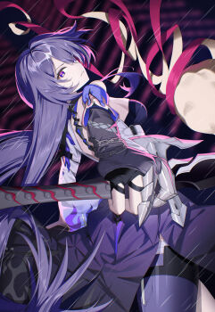 Rule 34 | acheron (honkai: star rail), black gloves, breasts, chyanu, coat, commentary, elbow gloves, gloves, highres, holding, holding sword, holding weapon, honkai: star rail, honkai (series), long hair, looking at viewer, looking to the side, medium breasts, parted lips, purple eyes, purple hair, rain, sword, turning head, very long hair, weapon, white coat