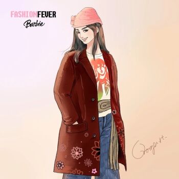 1girl barbie_(franchise) beanie belt brown_belt brown_eyes brown_hair caption coat copyright_name denim doll fashion fashion_fever_barbie_(toyline) floral_print flower_as_hat fringe_belt hands_in_pockets hat head_tilt hippie jeans knit_hat logo looking_at_viewer model orange._h pants portrait print_shirt red_coat shirt simple_background smile solo teresa_(barbie)