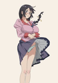 1girl bakemonogatari black_hair braid breasts brown_eyes collarbone contrast_collar feet_out_of_frame glasses h4sh1rnoto hair_ribbon hanekawa_tsubasa highres juliet_sleeves knee_blush large_breasts light_blush long_hair long_sleeves looking_at_viewer low-braided_long_hair low-tied_long_hair monogatari_(series) naoetsu_high_school_uniform neck_ribbon panties pink_shirt pleated_skirt puffy_sleeves purple_skirt red_trim ribbon school_uniform semi-rimless_eyewear shirt sidelocks simple_background skirt sleeve_cuffs solo standing underwear white_panties wind wind_lift yellow_ribbon