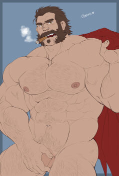 1boy abs absurdres arm_hair bara brown_eyes brown_hair cape chest_hair cigar completely_nude covering_privates covering_crotch cowboy_shot dark-skinned_male dark_skin facial_hair glensaru goatee graves_(league_of_legends) hair_slicked_back hairy highres large_pectorals league_of_legends leg_hair looking_at_viewer male_focus male_pubic_hair mature_male muscular muscular_male mutton_chops navel navel_hair nipples nude pectorals penis penis_peek pubic_hair red_cape short_hair smile smoking solo stomach thick_thighs thighs yaoi