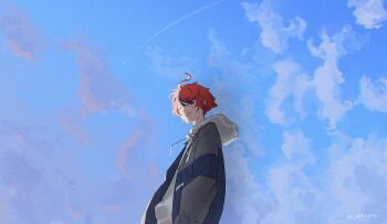 1boy absurdres blue_eyes blue_hair cloud commentary_request contrail cowboy_shot cyatapra drawstring grin highres hood hood_down hoodie jacket long_sleeves male_focus multicolored_hair one_eye_closed open_clothes open_jacket outdoors red_hair sky smile solo streaked_hair sumino_takumi the_hundred_line_-last_defense_academy- twitter_username white_hoodie