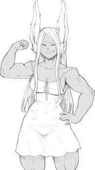 1girl ;p arm_up biceps boku_no_hero_academia breasts cleavage clenched_hand collarbone commentary commission covered_navel dark-skinned_female dark_skin dress english_commentary flexing gutsbro hand_on_own_hip highres large_breasts long_eyelashes long_hair looking_at_viewer mirko monochrome muscular muscular_female one_eye_closed parted_bangs smile solo strap_slip thighs tongue tongue_out white_dress white_hair