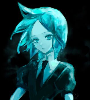 1other androgynous aqua_eyes aqua_hair commentary_request crystal_hair gem_uniform_(houseki_no_kuni) highres houseki_no_kuni looking_at_viewer necktie other_focus phosphophyllite puffy_sleeves shirt short_hair short_sleeves simple_background solo usagimarumei