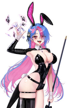 1girl absurdres animal_ear_hairband animal_ears bing_hayu black_hairband black_leotard black_shrug black_thighhighs blue_hair blush breasts card collared_shrug colored_inner_hair covered_navel cowboy_shot curtained_hair dice earrings eruthu eyes_visible_through_hair fake_animal_ears hair_over_one_eye hairband hand_up hashtag-only_commentary heart heart_sticker highres holding holding_pole jewelry large_breasts leather_leotard leotard long_bangs long_hair long_sleeves luvdia mole mole_on_armpit mole_on_breast multicolored_hair open_mouth pink_eyes pink_hair playboy_bunny playing_card pole rabbit_ear_hairband rabbit_ears shrug_(clothing) simple_background single_thighhigh skindentation sleeves_past_wrists solo standing sticker sticker_on_breast sticker_on_face strapless strapless_leotard streaked_hair thigh_strap thighhighs tongue tongue_out two-tone_hair very_long_hair virtual_youtuber white_background