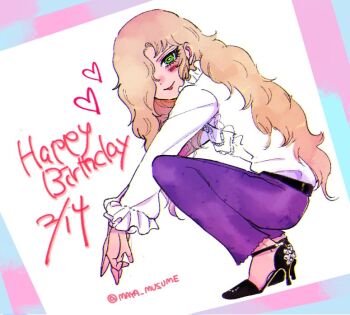 1boy arms_on_knees ascot belt bent_back black_belt black_shoes blonde_hair blue_border blush border bright_pupils commentary_request curtained_hair dated dot_nose drop_shadow dutch_angle english_text eyelashes frilled_pants frilled_shirt frilled_shirt_collar frilled_sleeves frills from_side green_eyes hair_over_one_eye hair_over_shoulder happy_birthday heart high_heels long_hair long_sleeves looking_at_viewer male_focus maraich_juschenfe multicolored_border pants patalliro! pink_border puffy_long_sleeves puffy_sleeves purple_pants shirt shirt_tucked_in shoes smile solo squatting strappy_heels tilted_border trap twitter_username two-tone_border wavy_hair white_ascot white_background white_pupils white_shirt yamada_marie