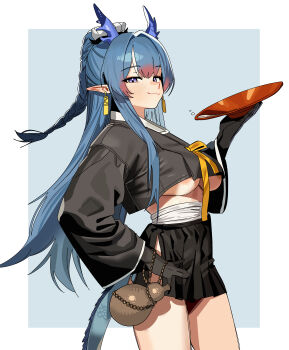 1girl :3 absurdres alternate_costume areola_slip arknights black_gloves black_shirt black_skirt blue_hair blue_horns blue_tail blush border braid breasts closed_mouth commentary cowboy_shot cup dragon_girl dragon_horns dragon_tail earrings eastern_dragon_tail gloves gourd gradient_hair hanafuda_earrings highres holding holding_gourd horns jewelry large_breasts ling_(arknights) long_hair looking_at_viewer microskirt multicolored_hair outside_border pointy_ears ponytail red_hair ruppu sakazuki shirt side_slit skirt smile smug solo streaked_hair tail thighs underboob white_border white_hair white_streaks