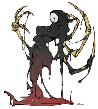 1girl arakune blazblue bone breasts extra_breasts full_body genderswap genderswap_(mtf) highres juerucj mask melting monster_girl nipples simple_background slime_(creature) solo twitter_username white_background