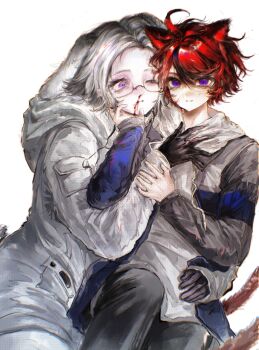 Rule 34 | 2boys, absurdres, ahoge, animal ears, aotsuki eito, black gloves, black hair, black pants, blood, blood on face, blue eyes, blue jacket, cat boy, cat ears, cat tail, chinese commentary, closed mouth, commentary request, drawstring, extra ears, eyelashes, fang, fang out, glasses, gloves, grey hair, grey jacket, hair between eyes, hand on another's arm, hand on another's chest, hand on another's chin, hand on another's waist, highres, hood, hood down, hooded jacket, hoodie, jacket, jacket over hoodie, kemonomimi mode, long sleeves, lop rabbit ears, male focus, multicolored hair, multicolored jacket, multiple boys, nosebleed, one eye closed, open clothes, open jacket, pants, pocket, procreate (medium), rabbit boy, rabbit ears, rabbit tail, rectangular eyewear, red hair, red pupils, semi-rimless eyewear, short hair, simple background, slit pupils, smile, streaked hair, sumino takumi, tail, the hundred line -last defense academy-, two-tone hair, two-tone jacket, variant set, white background, white hoodie, white jacket, white pants, yanrenxi20831, yaoi