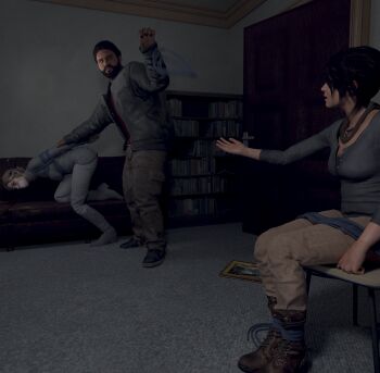 1boy 2girls 3d absurdres ana_(tomb_raider) arms_behind_back bdsm blue_eyes bondage bound bound_legs breasts brown_hair chair gag gagged highres improvised_gag jewelry jonah_maiava lara_croft multiple_girls necklace rope sitting skvrwiel tape tape_gag throwing tomb_raider tomb_raider_(reboot)