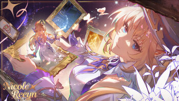 1girl beret blonde_hair blue_eyes bug butterfly character_name commentary_request cross-shaped_pupils detached_sleeves dress ear_covers facial_mark forehead_mark from_above genshin_impact halo halter_dress halterneck hat head_tilt highres holding holding_picture_frame insect long_hair looking_at_viewer moehikaru multiple_views nicole_(genshin_impact) picture_frame pointy_ears sky smile star_(sky) starry_sky symbol-shaped_pupils white_dress white_sleeves yellow_halo