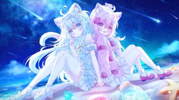 Rule 34 | 2girls, animal ears, back-to-back, beach, blue dress, blue eyes, blue hair, bobby socks, cat ears, cat girl, closed mouth, commentary request, dress, dutch angle, frilled dress, frills, highres, holding hands, knees up, long hair, looking at viewer, meteor shower, multiple girls, night, ocean, open mouth, original, outdoors, pink dress, pink eyes, pink hair, short dress, sitting, smile, socks, water, yottacc