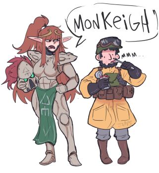 Rule 34 | 1boy, 1girl, absurdres, armor, astra militarum, beard, black hair, borrowed character, breasts, circlet, eating, eldar, elf, elf (merrivius), english text, facial hair, full body, gold circlet, helmet, high ponytail, highres, holding, holding unworn helmet, howling banshee, human (merrivius), imperium of man, insult, japvs, large breasts, long hair, original, pointy ears, ponytail, racism, red hair, short hair, simple background, spoon, tiara, tin (container), unworn helmet, warhammer 40k, white background