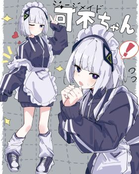 ! 1girl :o alternate_costume apron bame_zayin black_jacket black_shoes blue_eyes blush cevio commentary_request flying_sweatdrops full_body grey_background grid_background hair_ornament hand_up hands_up heart highres jacket jersey_maid kafu_(cevio) kamitsubaki_studio long_hair long_sleeves loose_socks maid maid_headdress multiple_views notice_lines one_eye_closed shoes sleeves_past_fingers sleeves_past_wrists sneakers socks sparkle spoken_exclamation_mark sweatdrop translation_request twintails unconventional_maid upper_body v waist_apron white_apron white_hair white_socks