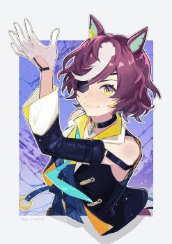 1girl animal_ears blue_necktie blue_vest blush brown_hair closed_mouth commentary_request detached_sleeves eyepatch followers_favorite_challenge gloves hair_between_eyes hair_over_one_eye highres horse_ears horse_girl horse_tail jacket long_sleeves looking_at_viewer multicolored_hair multiple_drawing_challenge necktie pendant_choker quro914803 shirt short_hair sleeveless sleeveless_jacket smile solo streaked_hair tail tanino_gimlet_(embodiment_of_keravnos)_(umamusume) tanino_gimlet_(umamusume) umamusume upper_body vest white_gloves white_hair yellow_eyes yellow_shirt