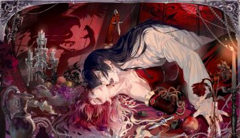 2girls apple bird black_hair candlelight candlestand dress eagle elbow_gloves fangs fangs_out food fruit gloves grapes half-closed_eyes highres jewelry luori_dianxin lying messy multiple_girls on_back open_mouth path_to_nowhere rahu_(path_to_nowhere) shalom_(path_to_nowhere) silhouette smile snake vampire wide-eyed yuri