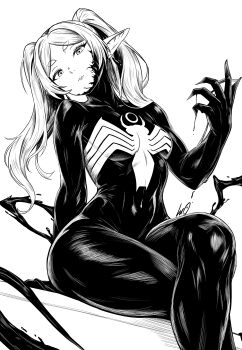 1girl absurdres arm_support black_bodysuit bodysuit breasts crossed_legs crossover earrings elf expressionless frieren greyscale hand_up highres jewelry long_hair long_pointy_ears lughost marvel monochrome pointy_ears simple_background sitting small_breasts solo sousou_no_frieren spider-man_(series) symbiote teardrop_earrings thick_eyebrows twintails venom_(marvel) white_background