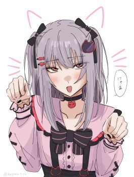 Rule 34 | 1girl, bang dream!, black bow, black bowtie, black choker, black nails, black ribbon, bow, bowtie, brown eyes, center frills, choker, commentary, drawn ears, drawn whiskers, frills, hair ornament, hair ribbon, hairclip, highres, jirai kei, minato yukina, nagomu 7 56, nail polish, open mouth, paw pose, pink shirt, ribbon, shirt, simple background, solo, translated, upper body, wings