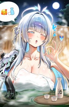 1girl absurdres bottle breasts cleavage collarbone commentary_request cup fellatio_gesture full_moon goddess_of_victory:_nikke half-closed_eyes halo highres huge_breasts ice_bear moon naked_towel nayuta_(nikke) night night_sky onsen prosthesis prosthetic_arm sakazuki sake_bottle sky solo spoken_expression towel white_hair