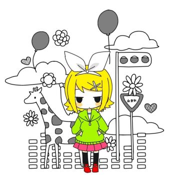 Rule 34 | 1girl, bad id, bad pixiv id, balloon, blonde hair, blush, chibi, chibi only, cloud, expressionless, flower, giraffe, green hoodie, hands in pockets, heart, hood, hoodie, kagamine rin, kagamine rin (melancholy), melancholic (vocaloid), najo, ribbon, sign, solo, traffic light, vocaloid, white background, white ribbon