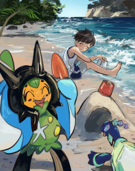 1boy ^_^ assassinookayu barefoot beach black_hair blue_sky blush closed_eyes day fangs florian_(pokemon) gen_9_pokemon highres holding nintendo ocean ogerpon ogerpon_(wellspring_mask) open_mouth outdoors pokemon pokemon_(creature) pokemon_sv sand sand_sculpture shorts sitting sky tank_top terapagos terapagos_(normal) tree water