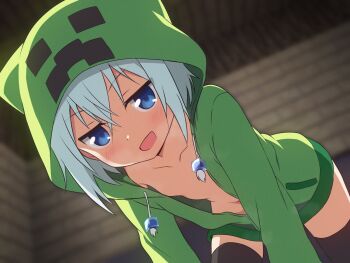 1girl blue_eyes blue_hair covered_erect_nipples covered_navel creeper curakuru green_hoodie highres hood hoodie looking_at_viewer minecraft navel open_mouth smile solo thighhighs