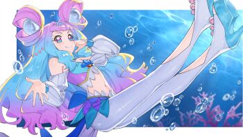 1girl air_bubble aqua_shoes blouse blue_eyes blue_hair brooch bubble chinese_commentary closed_mouth clothing_cutout commentary_request commission cure_la_mer eyelash_ornament floating gradient_hair hair_ornament hand_in_own_hair high_heels jewelry laura_la_mer long_hair looking_at_viewer magical_girl mixed-language_commentary multicolored_eyes multicolored_hair multicolored_shirt nail_polish navel open-toe_shoes outside_border pantyhose partial_commentary pearl_hair_ornament pink_hair pixiv_commission precure shell_brooch shirt shoes shoulder_cutout sipeiren smile solo sphere_hair_ornament stomach_cutout tropical-rouge!_precure underwater very_long_hair water white_pantyhose