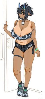 animal_print antenna_hair areola_slip black_hair breasts camisole collar commentary cow_print curvy highres hitomoji_momotarou horns huge_breasts midriff mole mole_on_breast mole_on_stomach mole_on_thigh mole_under_mouth multiple_moles original pointy_ears shoes short_hair short_shorts shorts sneakers standing strap_slip tan tanline thigh_strap untranslatable_commentary yellow_eyes