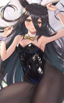 Rule 34 | 1girl, ahoge, animal ears, armpits, bare shoulders, black hair, black leotard, black pantyhose, blush, bow, bowtie, breasts, collarbone, commentary request, covered navel, detached collar, ear tag, earrings, hair between eyes, highres, horse ears, horse girl, jewelry, leotard, long bangs, long hair, long hair between eyes, looking at viewer, lying, manhattan cafe (umamusume), multicolored hair, on back, pantyhose, parted lips, single earring, small breasts, solo, thick thighs, thighs, thurumu, umamusume, very long hair, white hair, white wrist cuffs, wrist cuffs, yellow bow, yellow bowtie, yellow eyes