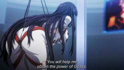1girl animated anime_screenshot arms_behind_back ass ass_focus bdsm between_buttocks black_hair bodysuit bondage bound bound_arms bound_breasts breasts code_geass code_geass:_dakkan_no_roze from_behind highres huge_ass large_breasts long_hair official_alternate_costume sound straitjacket subtitled sumeragi_sakuya tagme very_long_hair video white_bodysuit wide_hips