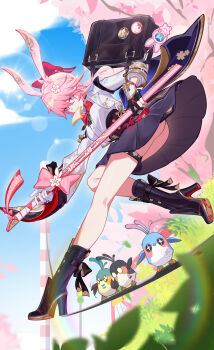 1girl absurdres ass asymmetrical_gloves bag black_gloves blue_skirt blue_sky boots bread bread_slice breasts commentary_request evanescia_(honkai:_star_rail) food food_in_mouth gloves gokusaishiki_(1376145360) high_heel_boots high_heels highres holding holding_stick honkai:_star_rail honkai_(series) measuring_stick medium_breasts mismatched_gloves mouth_hold origami_bird_(honkai:_star_rail) school_bag shirt skirt sky stick toast toast_in_mouth variant_set white_gloves white_shirt