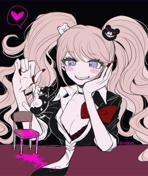 1girl bear_hair_ornament black_background black_choker black_necktie blood bow breasts chair choker cleavage commentary danganronpa:_trigger_happy_havoc danganronpa_(series) enoshima_junko grey_eyes grin hair_ornament heart highres large_breasts long_hair mmr_0x monokuma nail_polish necktie pink_blood red_bow red_nails shirt smile spoken_heart symbol-only_commentary teeth twintails white_necktie
