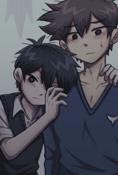 2boys antenna_hair black_sweater_vest blue_sweater blush brown_hair closed_mouth collarbone collared_shirt commentary dark-skinned_male dark_skin double-parted_bangs ear_piercing english_commentary hair_between_eyes hero_(faraway)_(omori) hero_(omori) highres long_sleeves looking_at_viewer male_focus multiple_boys omori piercing setosexual shirt short_hair short_sleeves sunny_(omori) sweatdrop sweater sweater_vest white_shirt