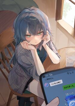 1girl 1other antenna_hair black_boots black_skirt boots cafe cellphone chair coat collared_shirt commentary_request cup drinking_glass elbow_rest elbows_on_table from_above frown gakuen_idolmaster green_eyes green_hair grey_coat hands_on_own_cheeks hands_on_own_face head_rest highres holding holding_phone idolmaster indoors long_hair looking_at_viewer miniskirt on_chair open_clothes open_coat phone ruo_015 shirt sidelighting sitting skirt smartphone solo_focus table translation_request tsukimura_temari water window