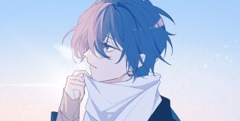 1boy absurdres adjusting_scarf blue_eyes blue_hair blue_jacket breath chinese_commentary day expressionless grey_shirt hair_between_eyes hand_up highres jacket jitome looking_ahead male_focus mikazuki_munechika mohexi459 parted_lips portrait profile scarf shirt short_hair sleeves_past_wrists solo touken_ranbu white_scarf