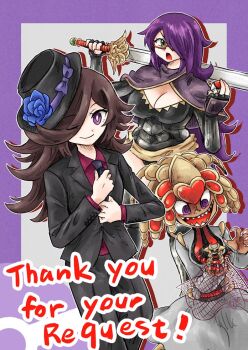 3girls @_@ adjusting_clothes adjusting_necktie armor black_suit breasts brown_hair camilla_(fire_emblem) camilla_(fire_emblem)_(cosplay) cape cleavage commentary cosplay dress english_commentary english_text flower_in_hat formal_clothes fran_(arachnos) gen_4_pokemon gen_7_pokemon giratina giratina_(altered) green_eyes grey_background hair_over_one_eye hex_maniac_(pokemon) hex_maniac_(pokemon_xy) holding holding_sword holding_toy holding_weapon kicdon kikio_(draco_dragon_heart) kommo-o legendary_pokemon mahke_etstop_(josh6243) multiple_girls necktie nintendo open_mouth original poke_ball pokemon pokemon_xy purple_background purple_eyes purple_hair purple_ribbon red-framed_eyewear ribbon scales sharp_teeth suit sword teeth thank_you toy trilby two-tone_background weapon