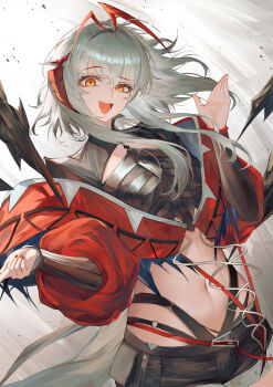 1girl absurdres arknights black_shirt black_shorts commentary_request fingernails grey_hair hair_intakes hand_up highres long_hair long_sidelocks looking_at_viewer midriff navel open_mouth orange_eyes puranetto_(vjun4748) red_nails shirt shorts sidelocks smile solo teeth tongue upper_body upper_teeth_only w_(arknights) wis&#039;adel_(arknights)