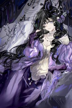 Rule 34 | 1girl, absurdres, black flower, black hair, black hat, black rose, dress, flower, gown, hair flower, hair ornament, hand up, hat, highres, isolde (reverse:1999), jewelry, juliet sleeves, long hair, long sleeves, looking at viewer, necklace, puffy sleeves, purple dress, purple eyes, purple flower, purple rose, reverse:1999, rose, smile, solo, tawen, upper body