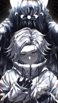 1boy absurdres aotsuki_eito artist_name black_gloves breast_pocket character_name chinese_commentary chromatic_aberration commentary_request crying crying_with_eyes_open film_grain glasses gloves grey_hair hands_up highres jacket looking_at_viewer male_focus moon_phases nuomiyuyuli outstretched_hand pocket purple_eyes red_pupils short_hair solo tears the_hundred_line_-last_defense_academy- white_jacket