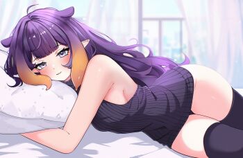 1girl :3 absurdres alternate_costume blush breasts closed_mouth commentary curtains gradient_hair highres hololive hololive_english hugging_object indoors ketari long_hair looking_at_viewer lying medium_breasts mole mole_under_eye multicolored_hair ninomae_ina'nis on_bed on_side orange_hair pillow pillow_hug pointy_ears purple_eyes purple_hair purple_sweater purple_thighhighs sleeveless sleeveless_sweater solo sweater tentacle_hair thighhighs untranslatable_commentary virtual_youtuber window