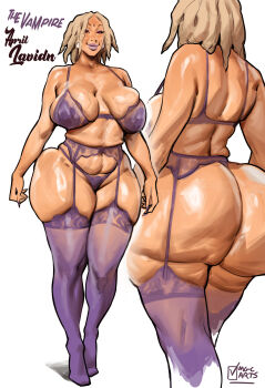 1girl absurdres april_(magicmoonsarts) artist_name ass blonde_hair bra breasts dark-skinned_female dark_skin dreadlocks english_text highres huge_ass large_breasts magicmoonsarts multiple_views original panties purple_bra purple_garter_belt purple_garter_straps purple_lips purple_panties purple_thighhighs see-through_clothes see-through_thighhighs simple_background thighhighs underwear white_background