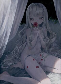 1girl absurdres barefoot bed blonde_hair breasts canopy_bed commentary_request curtains dark flower highres holding holding_flower long_hair looking_at_viewer monou_pico on_bed original panties red_flower red_rose rose small_breasts solo topless_female underwear very_long_hair