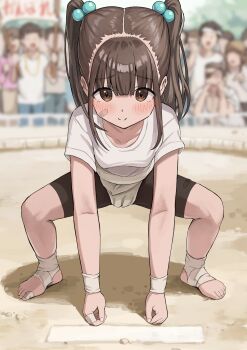1girl absurdres bandaged_fingers bandages bandaid bandaid_on_face bandaid_on_leg bandaid_on_thigh bike_shorts black_shorts blurry blurry_background blush breasts brown_eyes brown_hair closed_mouth collarbone crowd feet full_body hair_bobbles hair_ornament highres legs_apart looking_at_viewer mawashi medium_hair original shorts sidelocks small_breasts smile solo_focus standing straight-on sumo susu_(ysy) thighs toeless_footwear toes twintails wristband