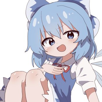 1girl arm_support blue_dress blue_eyes blue_hair blush bow cirno collared_shirt commentary dot_nose dress hair_bow hand_on_own_chest highres ice ice_wings knees_up looking_at_viewer magg_(user_mtca8588) open_mouth shirt short_hair short_sleeves simple_background sitting sleeveless sleeveless_dress solo touhou upper_body v-shaped_eyebrows white_background white_shirt wings