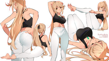 1girl arm_behind_head arm_up armpits ass bare_shoulders barefoot black_sports_bra blonde_hair breasts chest_jewel closed_mouth collarbone commentary english_commentary exercising feet from_behind hair_spread_out hands_on_own_hips large_breasts long_hair lying midriff multiple_views mythra_(xenoblade) navel nintendo on_back pants pantylines ponytail sitting soles sports_bra sportswear standing stretching swept_bangs sydus tank_top tight_clothes tight_pants toes toned very_long_hair white_pants xenoblade_chronicles_(series) xenoblade_chronicles_2 yellow_eyes yoga yoga_pants