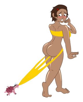 1girl absurdres ass barefoot bikini coppertone embarrassed exposed_butt gunxsword highres kameo_(gunxsword) marianne_(gunxsword) parody strapless strapless_bikini swimsuit transparent_background yellow_bikini