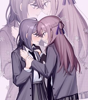 2girls black_necktie blue_eyes blue_hair blue_ribbon braid brown_eyes brown_hair clothes_grab collared_shirt commentary_request face-to-face grey_hair grey_jacket grey_skirt haidao_mao hair_ribbon half_up_braid highres holding_another&#039;s_wrist jacket long_hair long_sleeves medium_hair miyagi_shiori multiple_girls necktie open_mouth outline parted_lips pleated_skirt purple_eyes ribbon school_uniform sendai_hazuki shirt short_hair shuuniichido_classmate_wo_kau_hanashi sidelocks simple_background skirt smile white_background white_outline white_shirt yuri zoom_layer