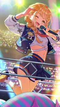 &gt;_&lt; blonde_hair braid buttons campus_mode!!_(idolmaster) fang fujita_kotone gakuen_idolmaster game_cg glowstick hair_ornament hairclip holding holding_microphone idol idol_clothes idolmaster jacket kneehighs low_twin_braids microphone navel necktie official_art one_eye_closed one_leg_raised open_mouth pencil skin_fang skirt socks stage_lights star_(symbol) twin_braids yellow_eyes