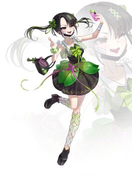 Rule 34 | 1girl, ;p, black bag, black dress, black hair, black shoes, bow, breasts, commentary request, dress, full body, green bow, hair ornament, highres, jirai kei, kkaru, korean commentary, one eye closed, original, piercing, selfie, shoes, sleeveless, solo, tongue, tongue out, tongue piercing, twintails, x hair ornament, zoom layer